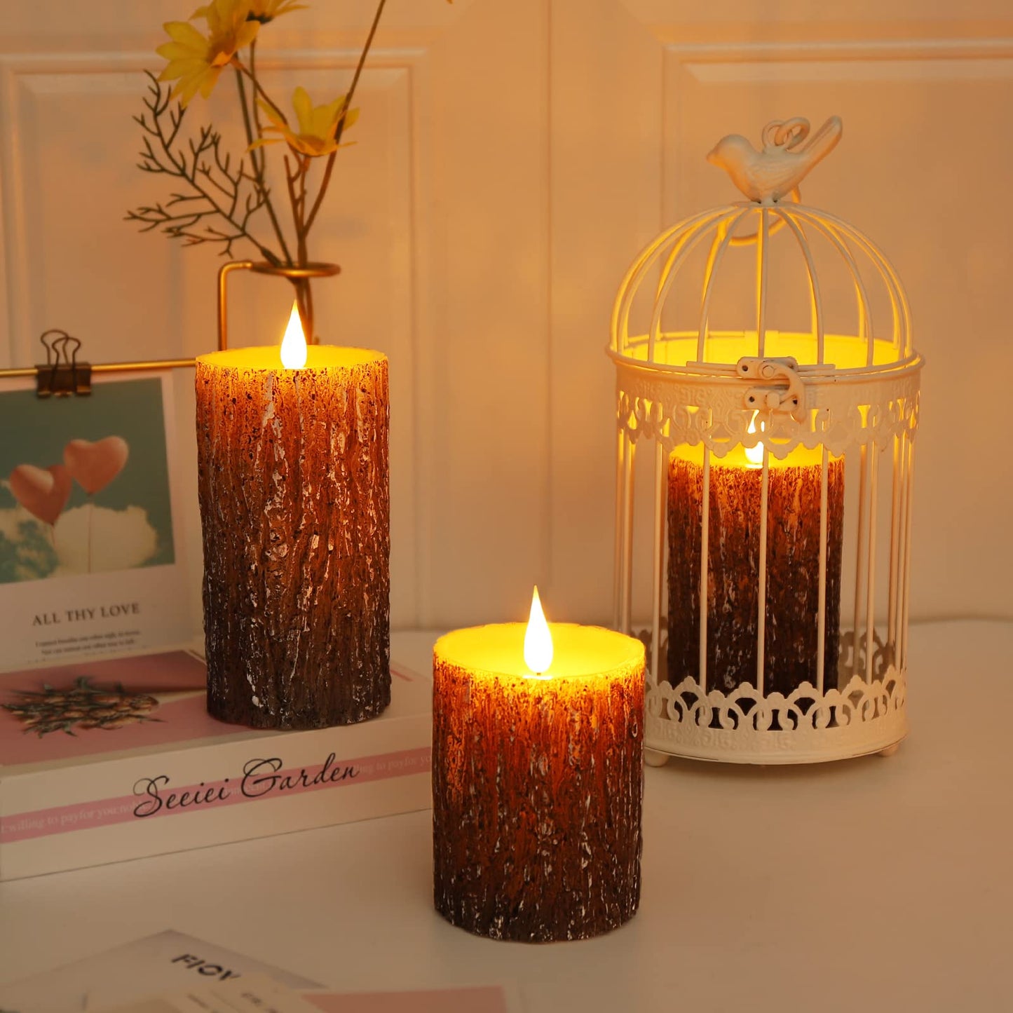 Enpornk Flameless Candles Battery Operated Pillar Pine Effect Real Wax Flickering 3D Wick Electric LED Decorative Candle Sets with Remote Control Cycling 24 Hours Timer, 4" 5" 6" Pack of 3