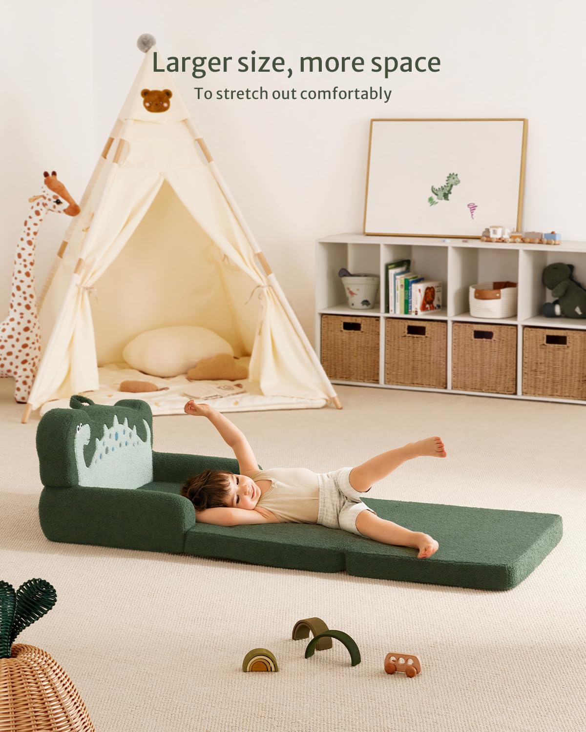 Blissful Diary Kids Couch, 2-in-1 Soft Toddler Couch Fold Out, Toddler Chair Comfy, Convertible Sofa to Lounger, Kids Furniture for Playroom, Gift for Birthday, Children's Day, Green Dinosaur
