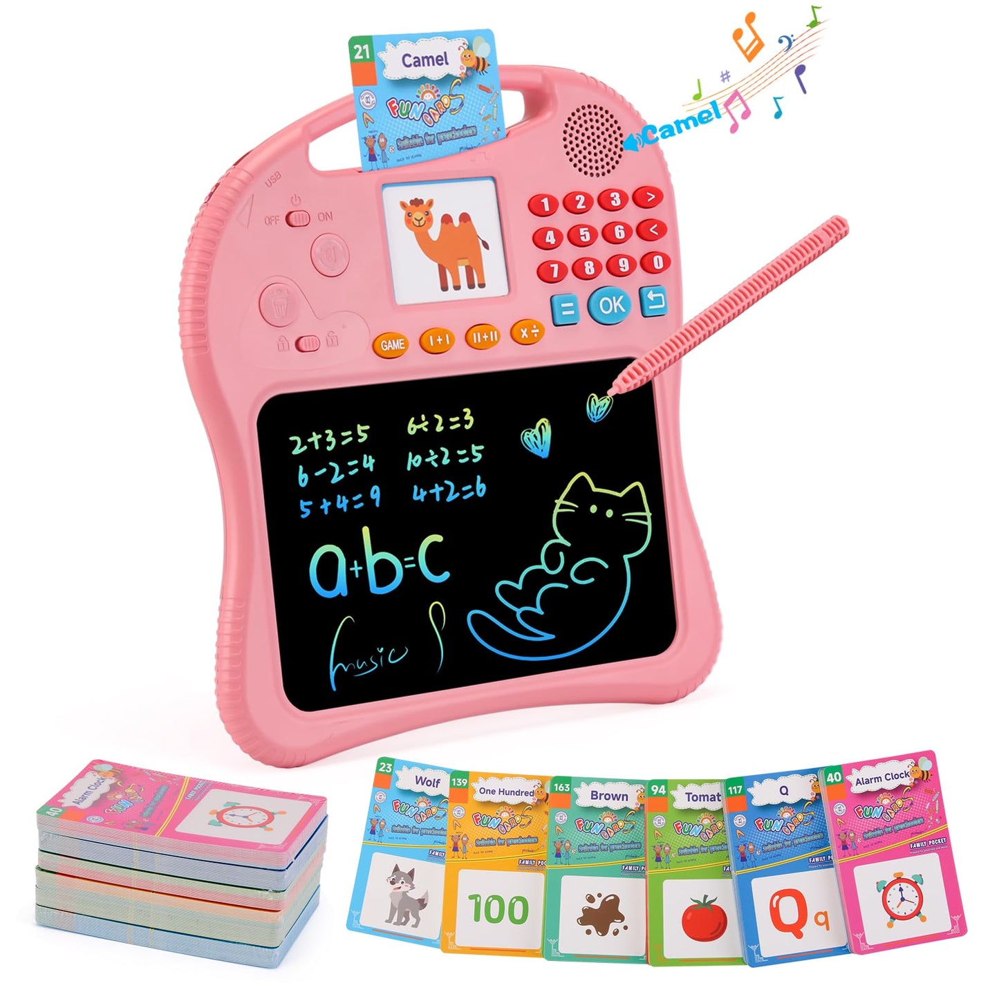 Kids Educational Learning Toys with Math Games,Talking Flash Cards and Writing Drawing Tablet, Speech Therapy Autism Sensory Toys Gifts for Toddler Preschool Activities Boys Girls Ages 3-10 (Pink)