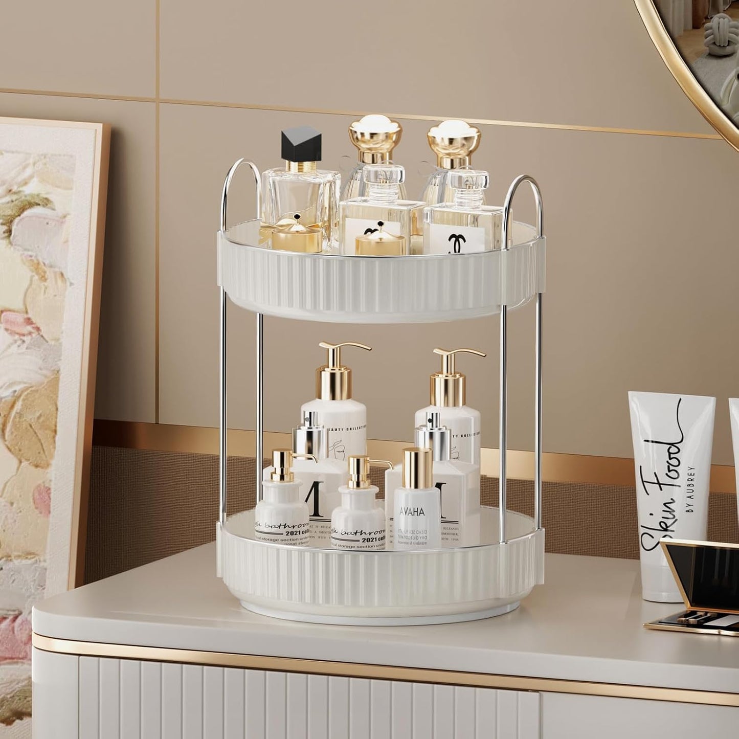Rotating Makeup Organizer for Vanity, 2 Tier High-Capacity Skincare & Makeup Storage, Perfume Organizer, Cosmetic Dresser, Countertop 360 Spinning