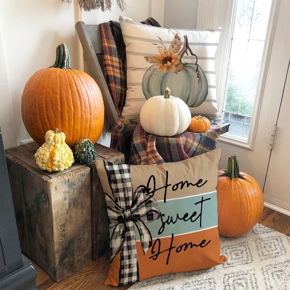 AACORS Fall Pillow Covers 18 x 18 Inch Set of 4, Pumpkin Home Sweet Home Thankful Grateful Blessed Harvest Floral Decorations Autumn Seasonal Pillow Case Decor for Sofa Couch AA275-18