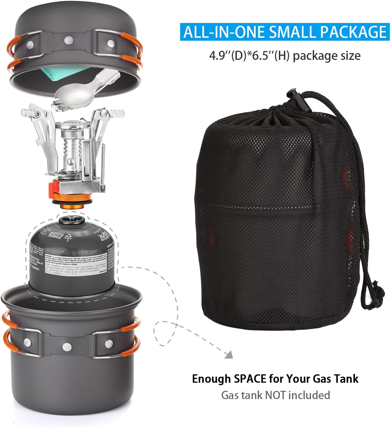 Odoland 6pcs Camping Cookware Mess Kit with Lightweight Pot, Stove, Spork and Carry Mesh Bag, Great for Backpacking Outdoor Camping Hiking and Picnic