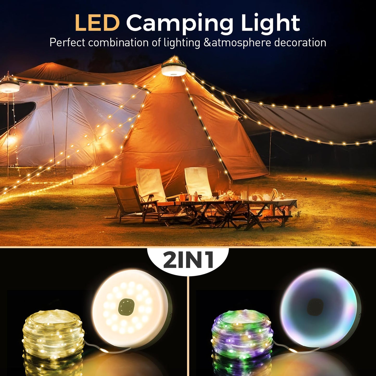 KUQIHUG Camping String Lights, 2 in 1 Quick Storage 32.8FT Rechargeable Tent Lights String with 8 Modes, Hanging Waterproof Portable LED Lamp for Outdoor Patio Awning Garden Party Essentials