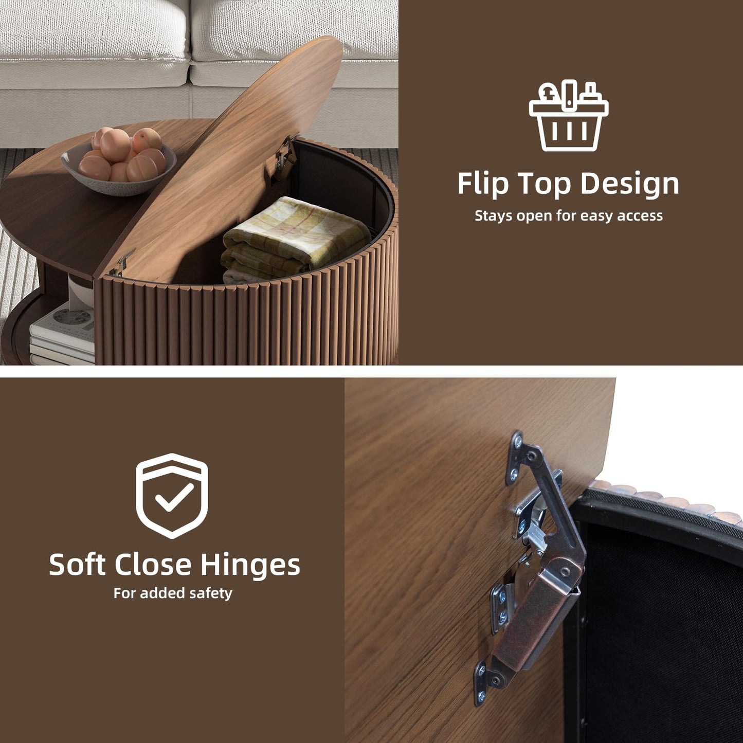JOINICE,Round Coffee Table with Storage,Fluted Center Table with Sliding Cabinet Door for Living Room,Home Small Space,31.5" Small Center Table,Walnut