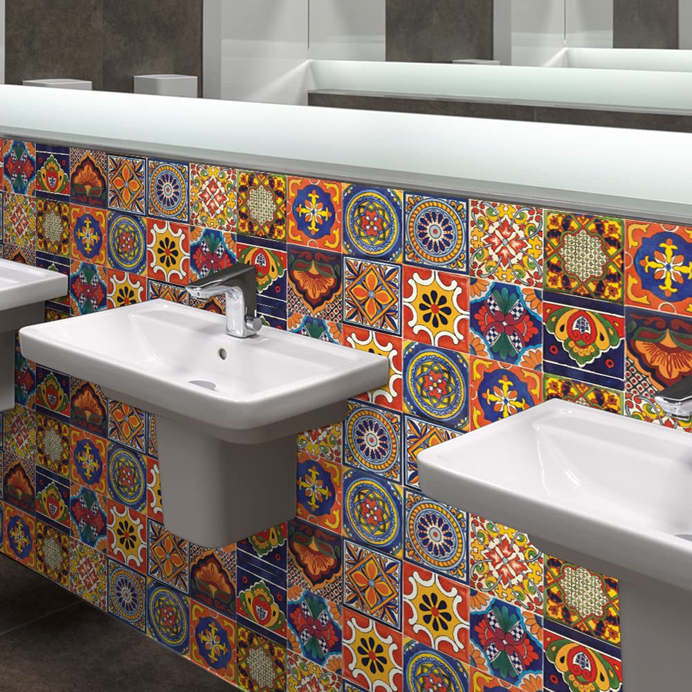 20 Pcs 4"×4" Tile Stickers Peel and Stick, Self Adhesive Waterproof Removable Mandala Style Tiles Backsplash for Kitchen Bathroom Furniture Staircase DIY Home Decor (4"×4", TS295)