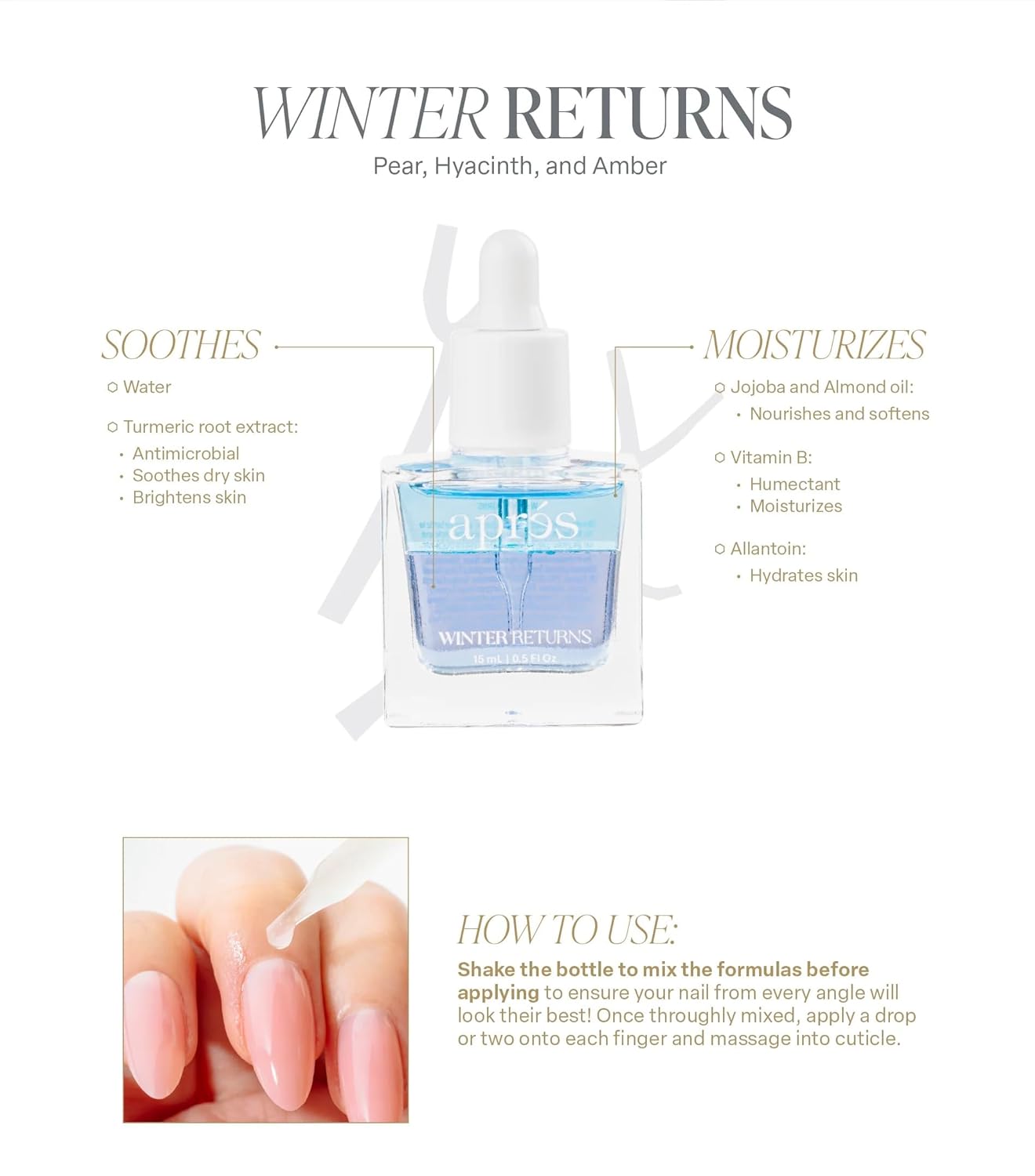 Apres Light & Shadow Cuticle Serum, Nourishing Blend of Almond and Jojoba Oil, Vitamin B and Turmeric, Cuticle Repair Oil 15 mL (15 ml, Winter Returns (Pear, Hyacinth, and Amber))