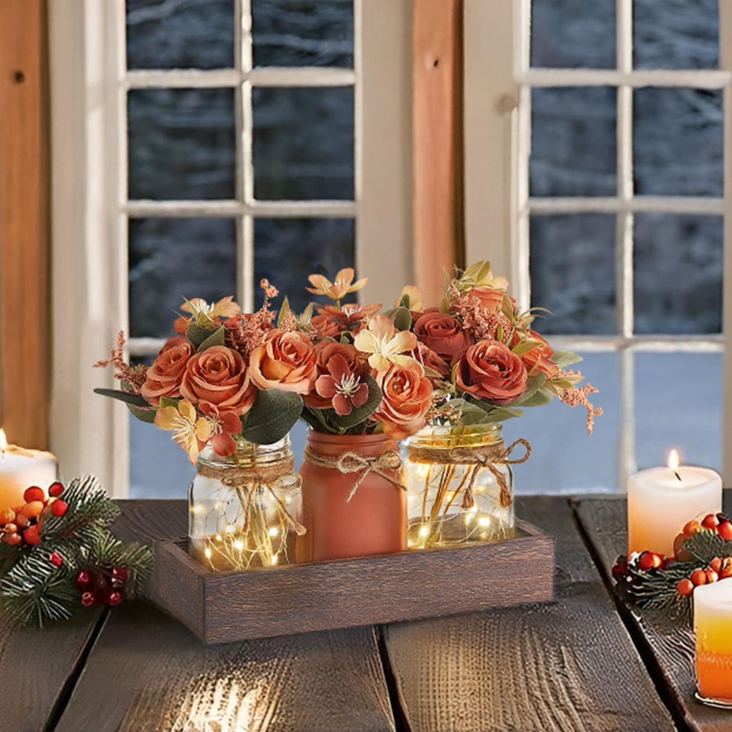 Mkono Mason Jar Lights Centerpiece Table Decorations for Dining Room Farmhouse Coffee Table Decor Tray with 3 Jars Flowers Centerpieces Summer Decor for Kitchen Living Dining Room, Orange