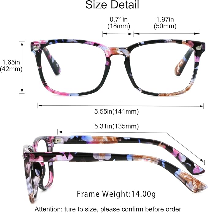 YEIN Bifocal Reading Glasses with Blue Light Blocking Lenses, Bifocal Reader for Women, Vintage Square frame with Spring Hinge (+0.00/+1.25 magnification)