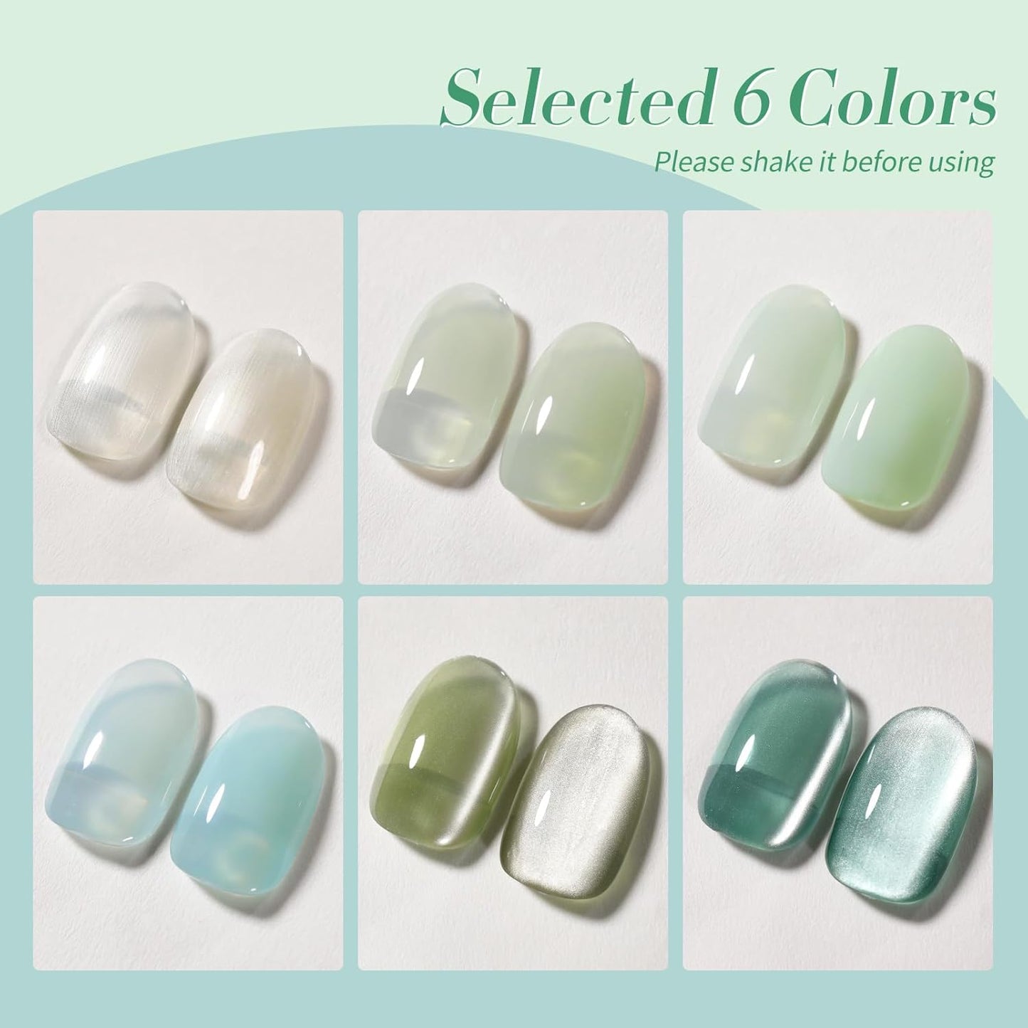 Born Pretty Christmas Green Gel Nail Polish,Jelly Transparent Gel Polish,Cat Magnetic Eye,Shimmer Glitter Green Gel Polish Kit for Salon Manicure and Nail Art DIY at Home 6Colors