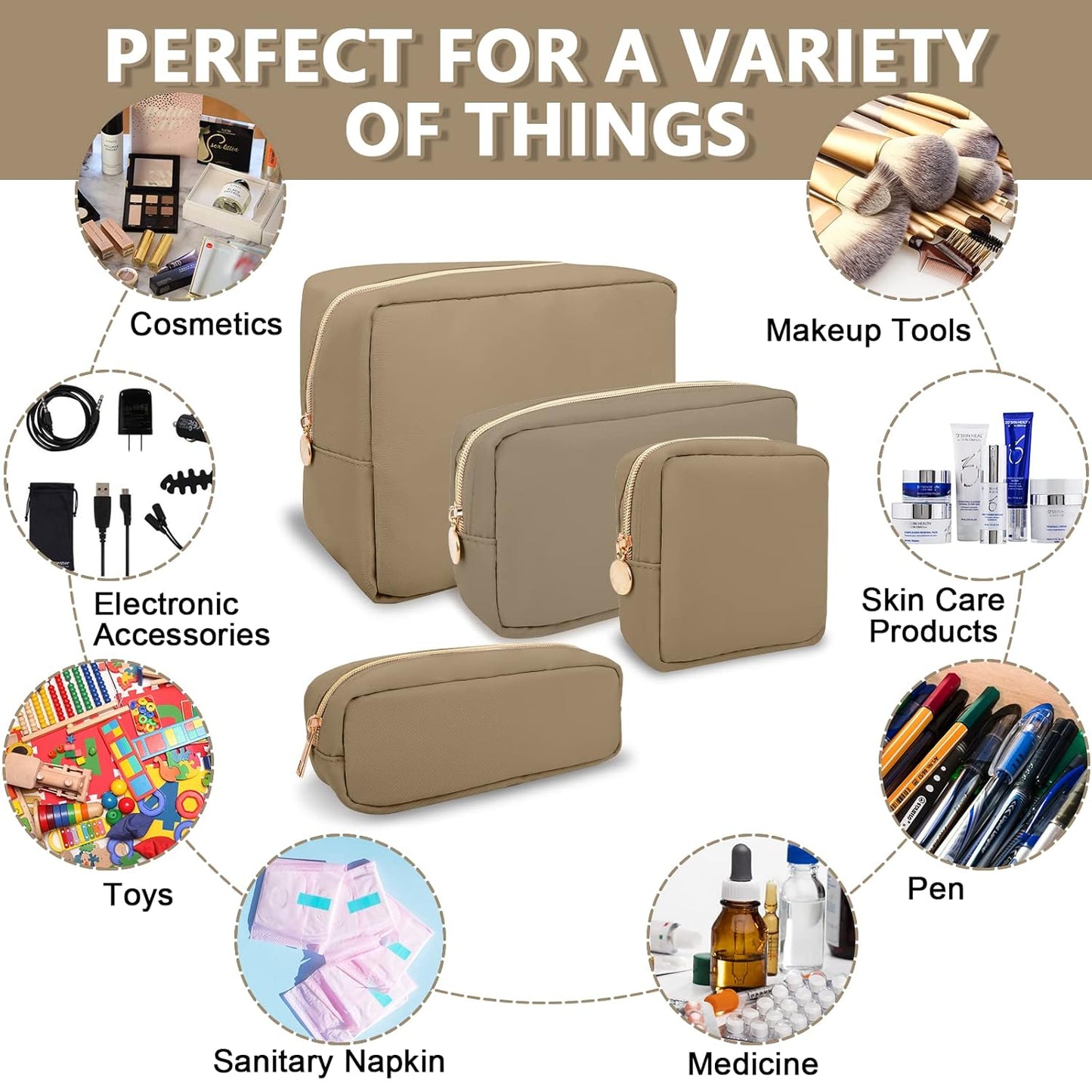 Small Pencil Case Makeup Bag for Purse, Cute Pencil Pouch Preppy Nylon Makeup Brush Pouch with Zipper, Girls Portable Stationery Storage Case for Office School College(Slim-Khaki)