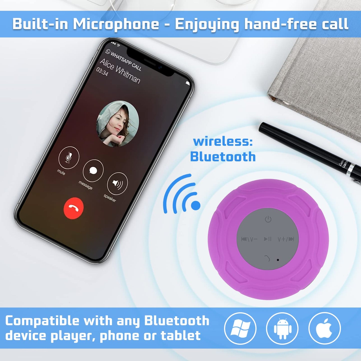 Annlend Bluetooth Shower Speaker Waterproof Portable Wireless Water-Resistant Speaker Suction Cup,Built-in Mic Speakerphone for iPhone Phone Tablet Bathroom Kitchen - Purple