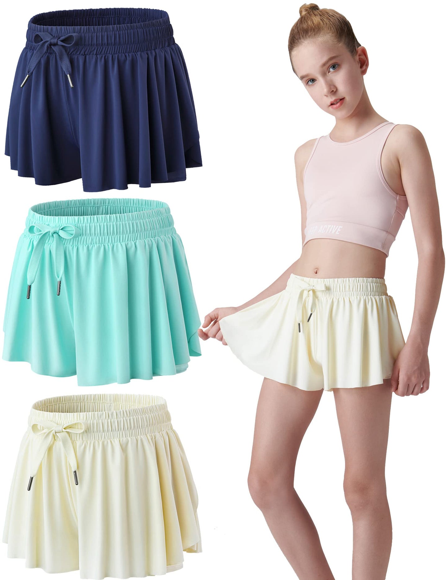 3 Pack Girls Flowy Shorts with Spandex Liner 2-in-1 Youth Butterfly Skirts for Fitness, Running, Sports