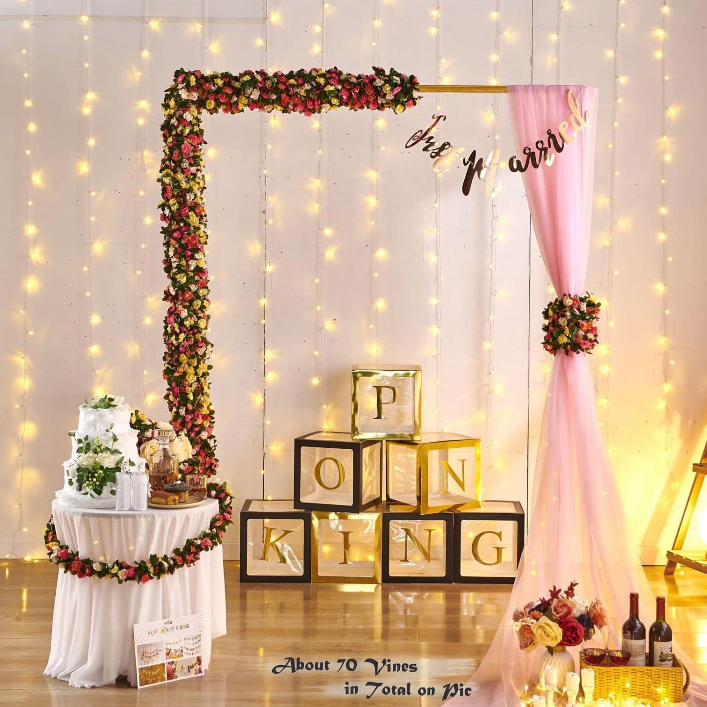 PONKING 8 Pcs 66FT Flower Garland, Artificial Rose Vine Flowers with Green Leaves Hanging for Room, Anniversary Wedding Birthday Christmas Wall Arch Decor, Spring Pink Flower