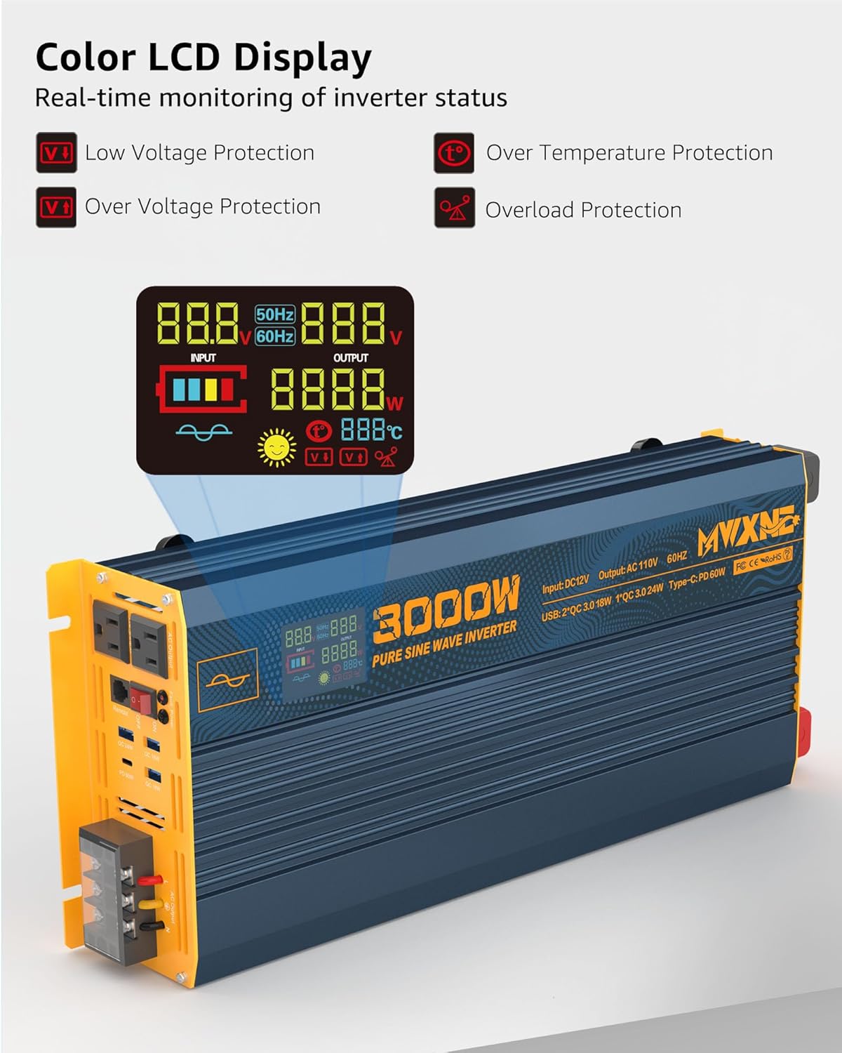 3000W Pure Sine Wave Power Inverter DC 12V to 110V 120V with Fast Charging Type-C& 3 USB Ports LCD Display Remote Controller Power Inverters for Vehicles,RV,Truck,Home,Off-Grid Solar System