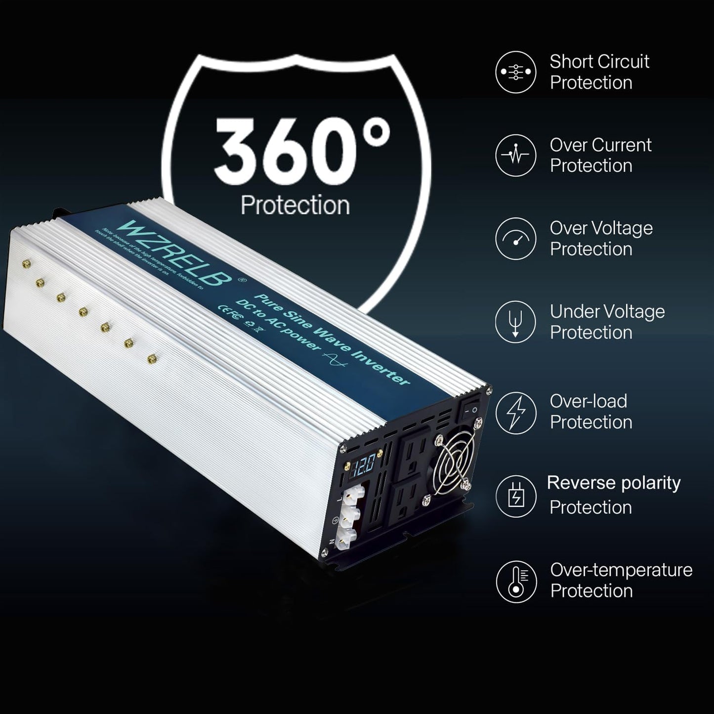 WZRELB 3500W Pure Sine Wave Inverter, Car Power Inverter 36V DC to 110V 120V AC Converter for RV, Truck, Solar, Outdoor with Dual AC Outlets, Hardwire Port, Surge 7000W, LED Display,Off-Grid