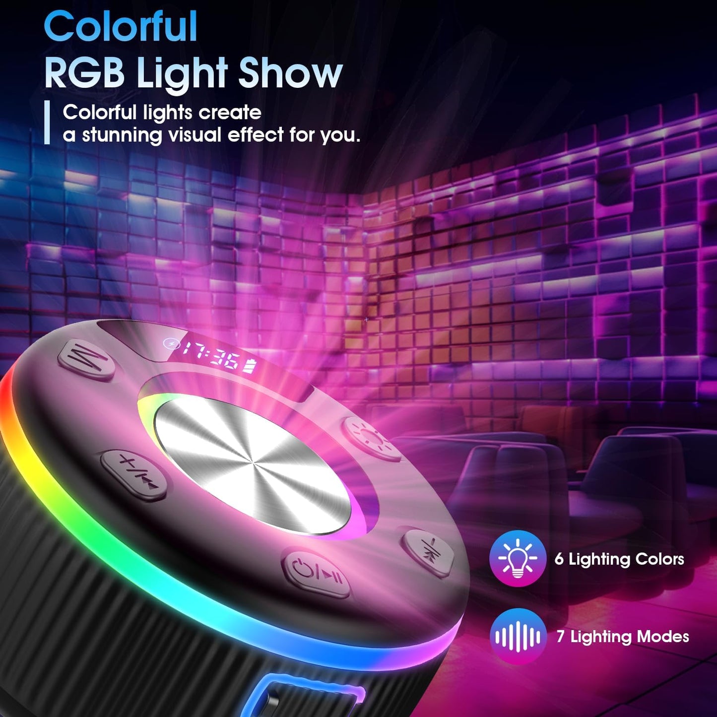 Bluetooth Shower Speaker, IP7 Waterproof Portable Bluetooth 5.3 Speakers with Suction Cup, Mini Wireless Speaker with RGB Lights Time Display, Loud Stereo Sound for Bathroom Beach Travel Outdoor Party