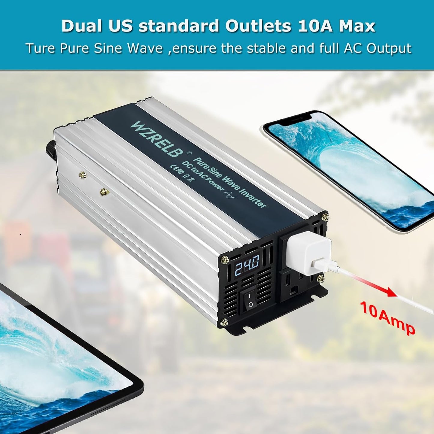 WZRELB 1200W Pure Sine Wave Inverter 24V DC to 110V 120V AC Power Converter with LED Display, Off-Grid Portable Power Inverter with 2 AC Outlets for Home, RV, Truck, Camping