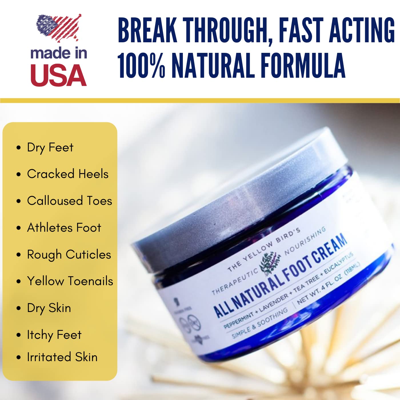 Yellow Bird Foot Cream – Hydrating Tea Tree Oil Foot Balm with Essential Oils. Natural Athletes Foot Treatment. Moisturizing Cracked Feet Repair & Callus Remover. Made In USA - 2 oz