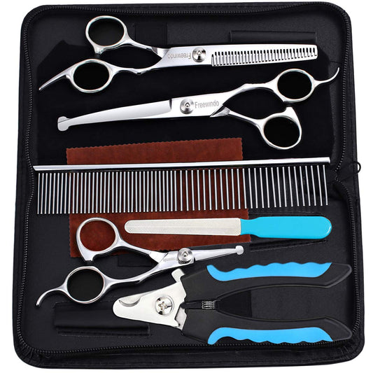 Freewindo Dog Grooming Scissors Kit, Safety Round Tip, Heavy Duty Stainless Steel Dog Scissors and Dog Nail Clippers for Grooming Full Body