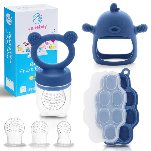 Baby Fruit Feeder & Breastmilk Popsicle Molds – (3-Pack) Teething Relief Set with Mesh & Silicone Pacifiers, Freezer Tray, Food Feeder for 0–12 Months, BPA Free – (Steel Blue)