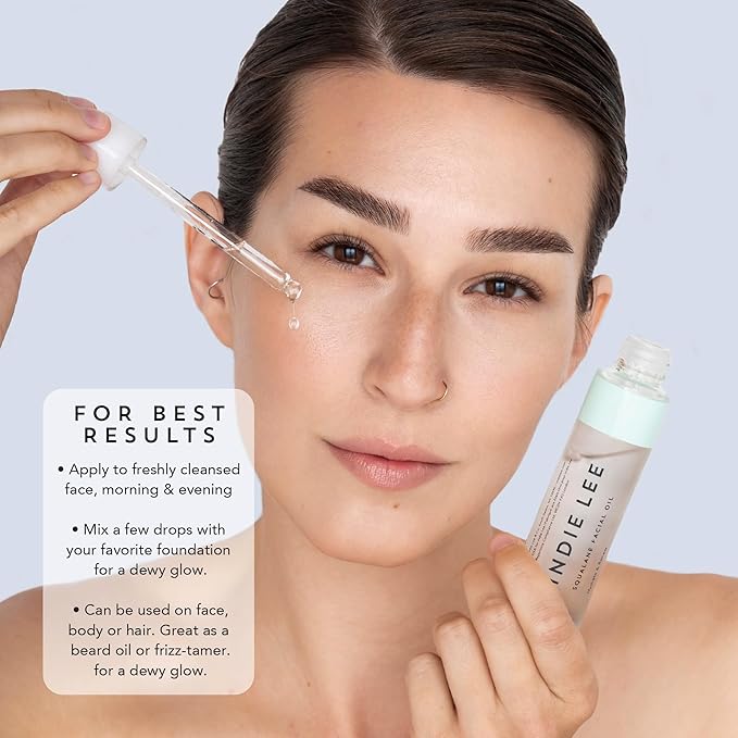 Indie Lee 100% Squalane Oil - Daily Face Oil & Hydrating Moisturizer for Dry Skin, Fine Lines and Wrinkles - Even Skin Tone, Brighten & Improve Texture (30ml)