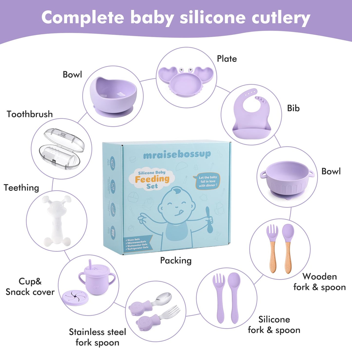 mraisebossup Silicone Baby Feeding Set 15 Pcs，Baby Spoons Suction Bowl Divided Plate Bib Cup Finger Brush Teething Teether Training cups,Baby Led Weaning Supplies（purple）