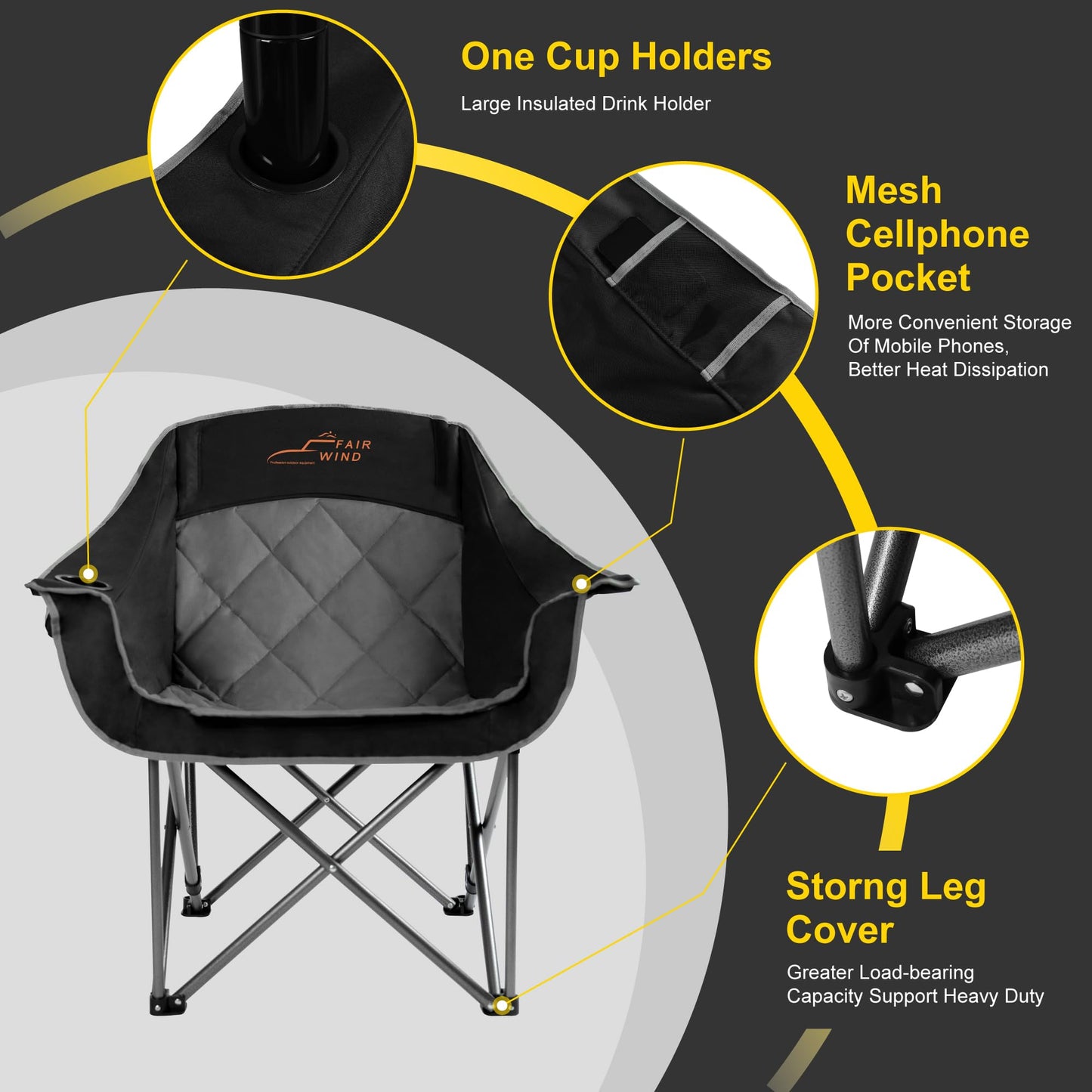 FAIR WIND 2 Pack Oversized Padded Camping Chair Heavy Duty Quad Fold Arm Chair Portable for Outdoor - Support 450LBS, Black