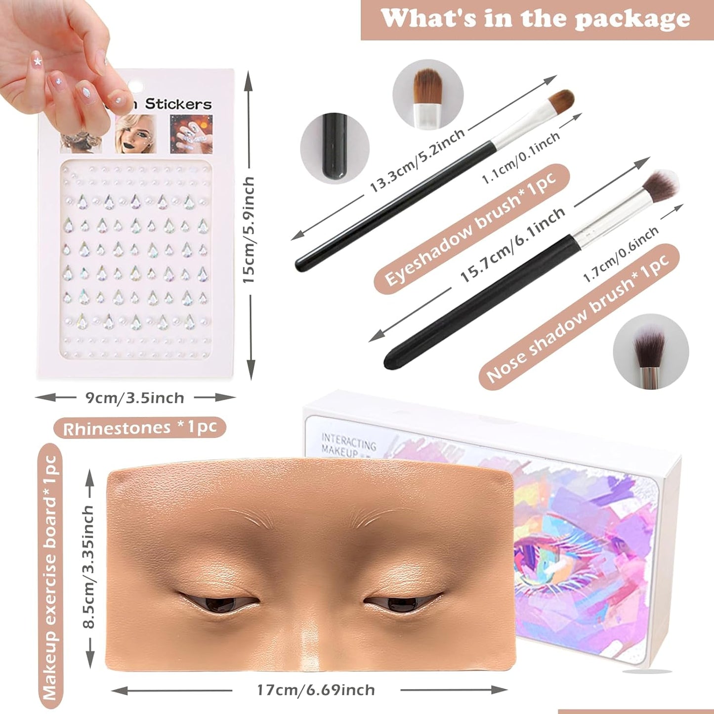 Mannequin Face for Makeup Practice, Makeup Practice Face Board with Makeup Brushes Rhinestones Sticker, Silicone Makeup Mannequin Face for Makeup Artist Supplies(Wheat colored)