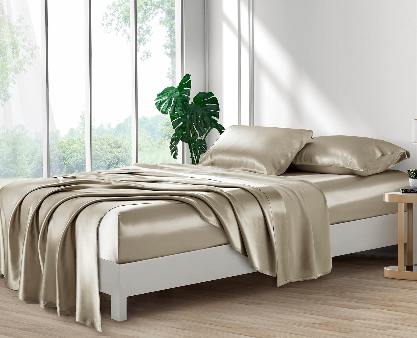 Lanest Housing Silk Satin Sheets, Full Size Satin Bed Sheet Set with Deep Pockets, Cooling Soft and Hypoallergenic Satin Sheets Full - Taupe
