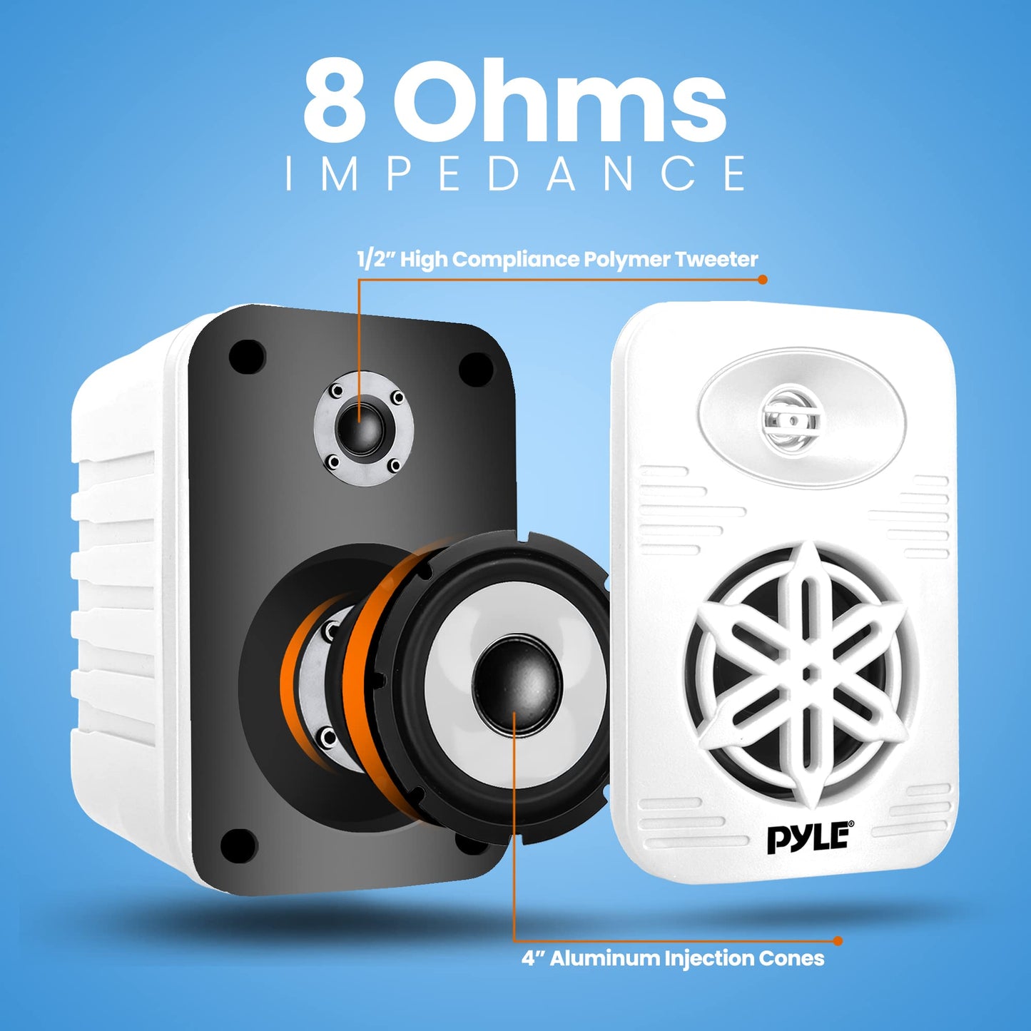 PyleUSA Bluetooth Indoor Outdoor Speakers Pair-300 Watt Dual Waterproof 4” 2-Way Full Range Speaker System w/1/2” High Compliance Polymer Tweeter-Home, Boat, Marine, Deck(White)(PDWRBT46WT)