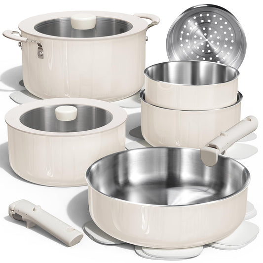 CAROTE 14pcs Pots and Pans Set, Stainless Steel Cookware Set Detachable Handle, Induction Kitchen Cookware Sets with Removable Handle, RV Cookware Set, Oven Safe, Camping Cookware, White