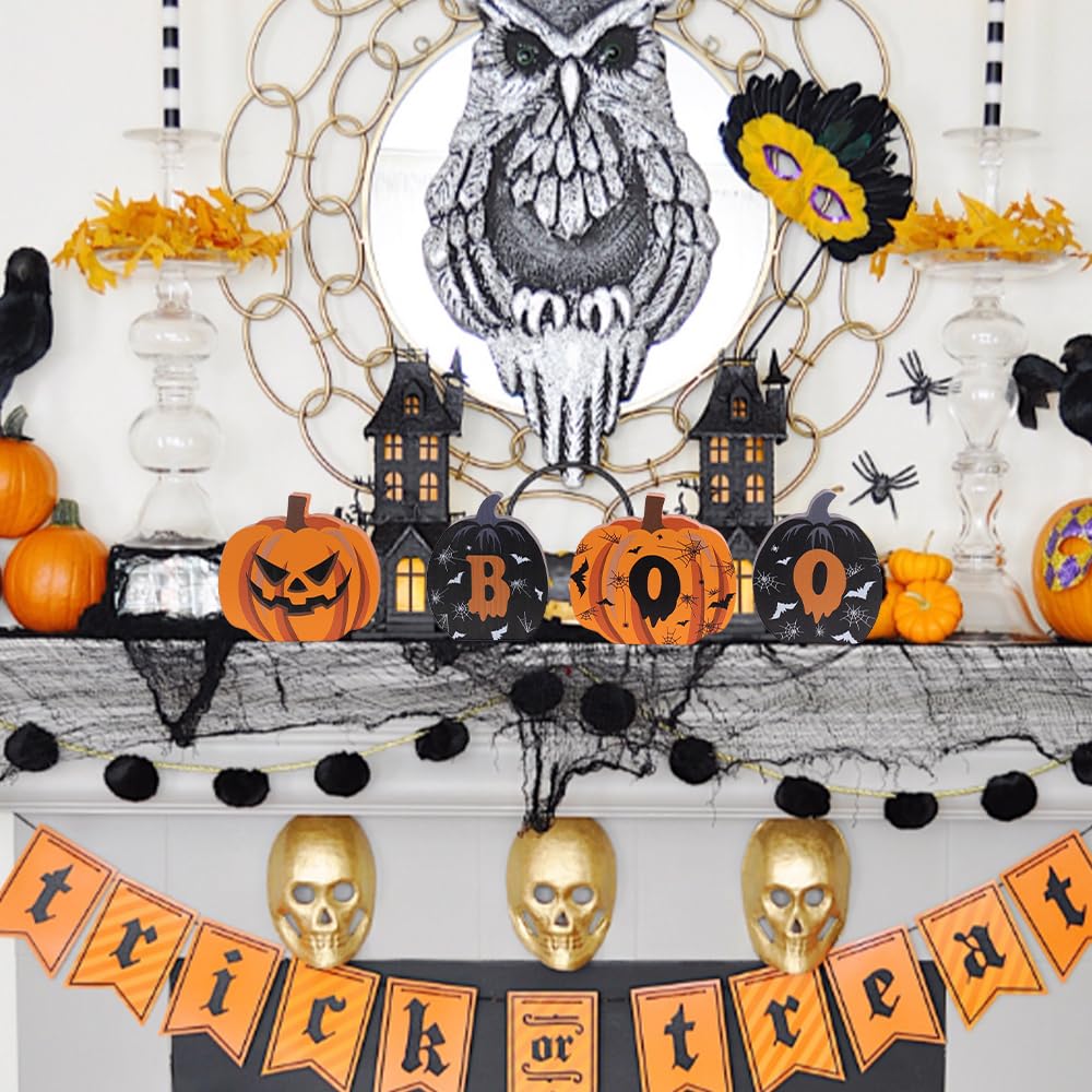 DECSPAS Fall Decorations for Home & Halloween Decorations Indoor, Double-Sided Pumpkin Wood Sign with Fall & Boo Lettered, Autumn Wooden Block Set for Table, Tiered Tray, Mantle, Thanksgiving Decor