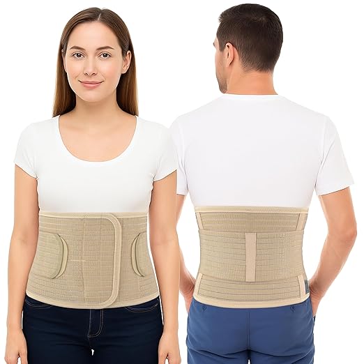 ORTONYX Ergonomic Abdominal Binder Waist and Lower Back Support Belt, Back Brace for Women & Men - Breathable, Elastic, With Extra Band - Beige S/M