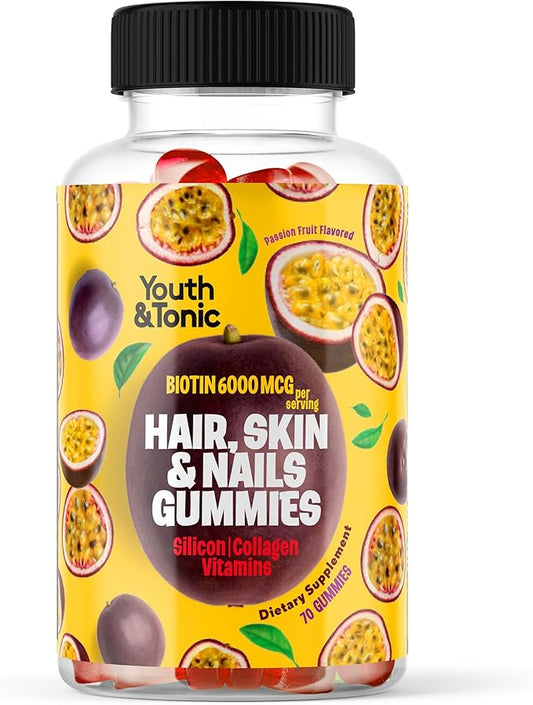 70 Hair Gummies Biotin 6000mcg Collagen Silicon PABA & Multivitamins | Hair Skin and Nails Vitamins Gummy for Women | B Complex Folic Acid 400mcg Vitamin A C D E & Zinc for Hair Growth | Pectin-Based
