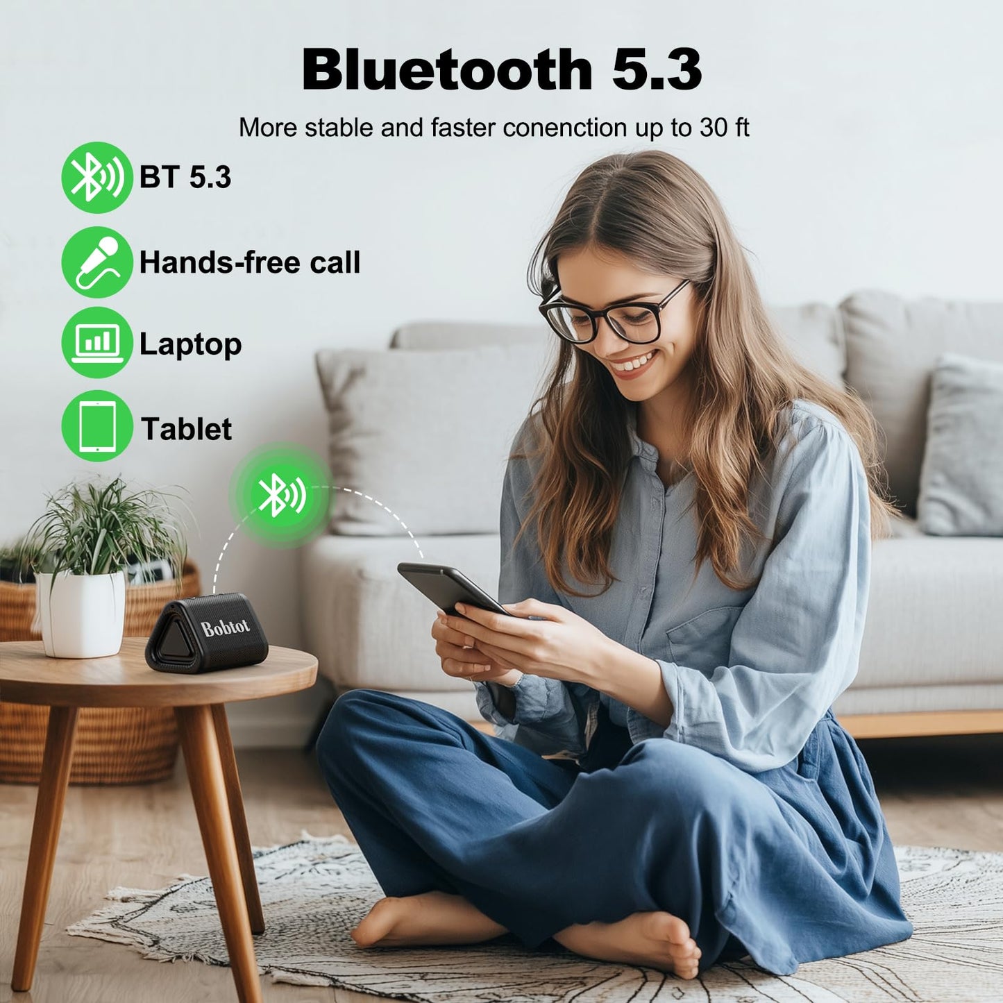 Bobtot Portable Bluetooth Speaker Wireless, IPX7 Small Shower Speaker Waterproof, 15H Playing Time, Loud and Stereo Sound with Bass, TWS Pairing for Party, Camping, Travel, Black