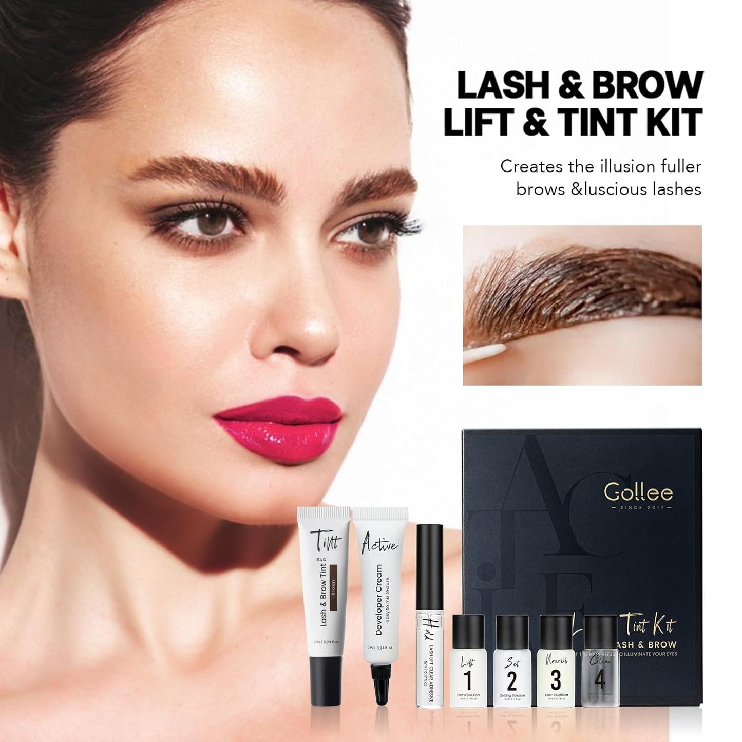 Lash Lift Kit 4 in 1 Brow Lamination Kit, Professional Eyelash Perm Kit for Beginner Salon Quality at Home with Long-Lasting Natural Brown Color