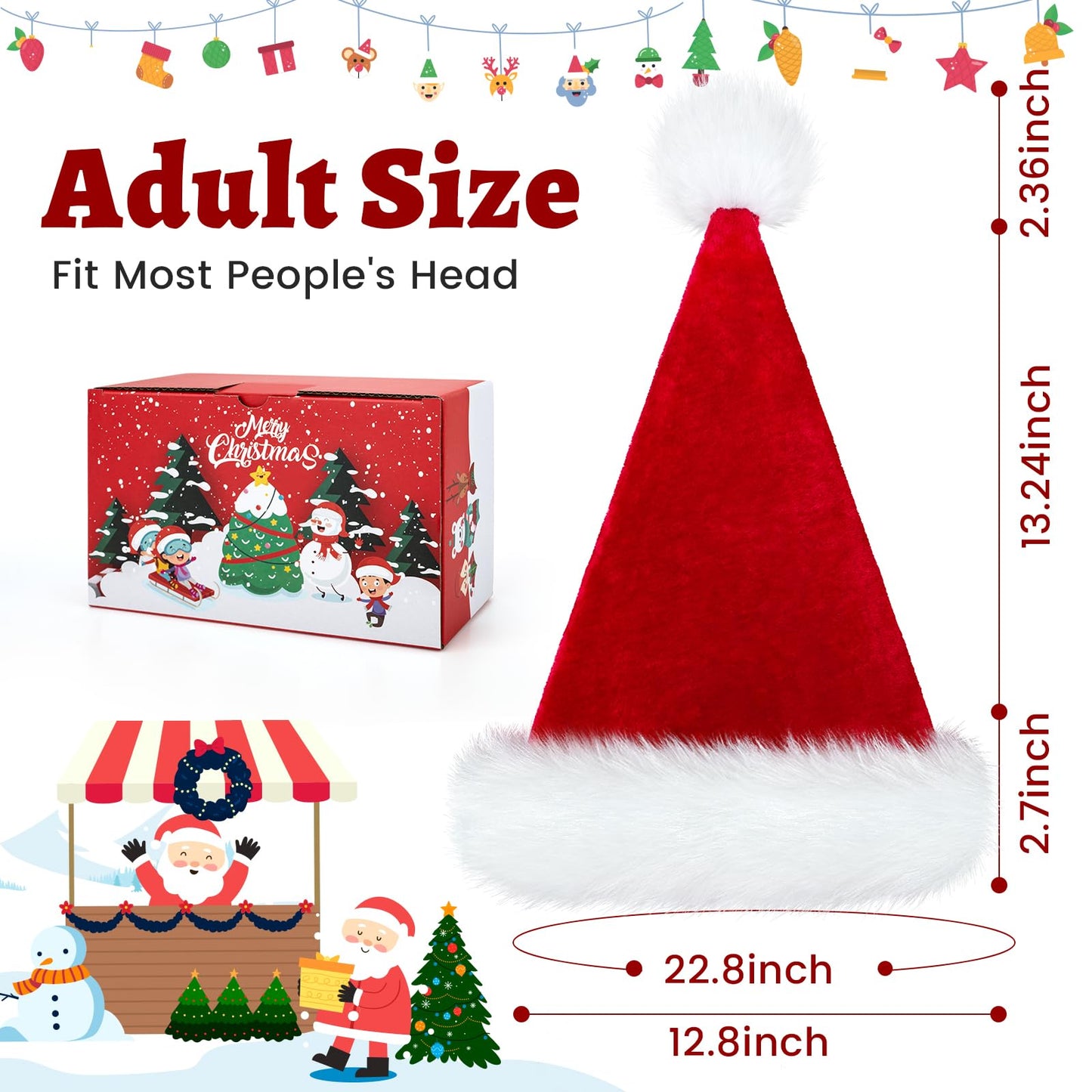 RJVW Christmas Hat, Santa Hat, Xmas Holiday Hat for Adults, Unisex Velvet Classic Santa Hat for Xmas New Year Party Headwear