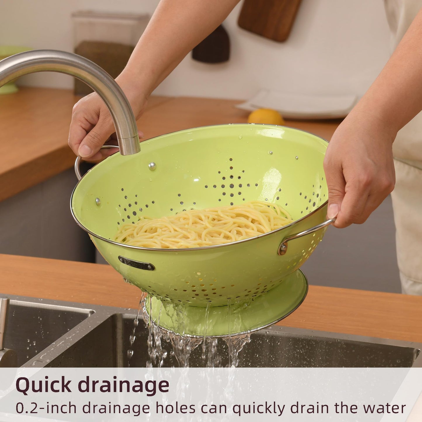 Metal Colander 2 Pack, Strainer Bowel with Handles 2Qt & 6Qt Powder Coated Solid Ring Base Heavey Duty Kitchen Drainer Basket for Pasta Veggies and Fruits,New Home Apartment Essentials (LightGreen)