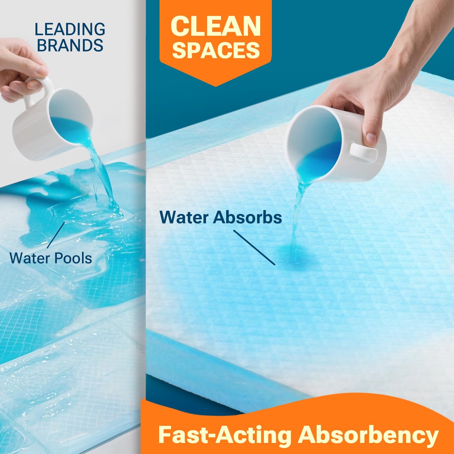 Clean Spaces Super Absorbent Puppy Pads 28"x34" 50 Count, Quick Drying Dog Training Pee Pads, Disposable Underpads for Baby and Adults