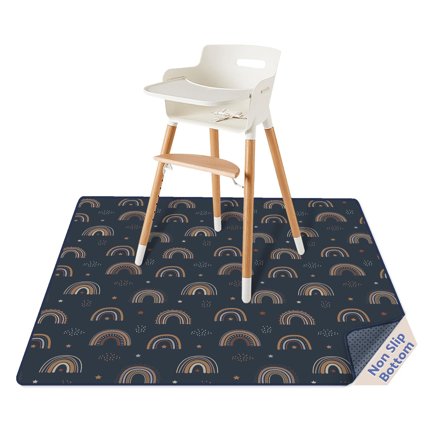 Blissful Diary Baby Splat Mat for Under High Chair, 50.4 x 50.4 Inch Wipeable Splash Mat, Waterproof and Washable, Anti-Slip Floor Protector, Retro Rainbow