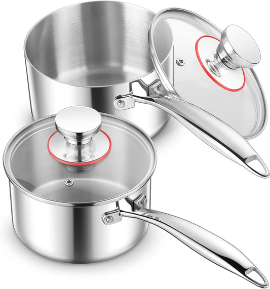 E-far Stainless Steel Saucepan Set - 2Qt & 3 Qt, Triply Sauce Pan Pot with Lid for Cooking Pasta Warming Milk Boiling Water, Small Metal Cookware for Kitchen, Induction Ready & Heavy Duty