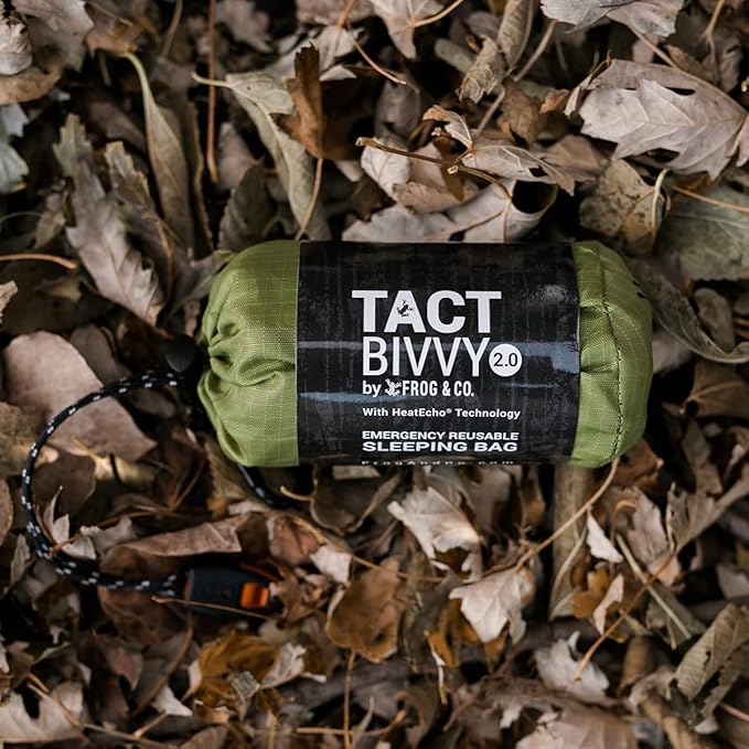 Survival Frog Tact Bivvy 2.0 Emergency Sleeping Bag w/Stuff Sack, Carabiner, Survival Whistle, ParaTinder - Compact, Lightweight, Waterproof, Reusable, Thermal Bivy Sack Cover, Shelter Kit