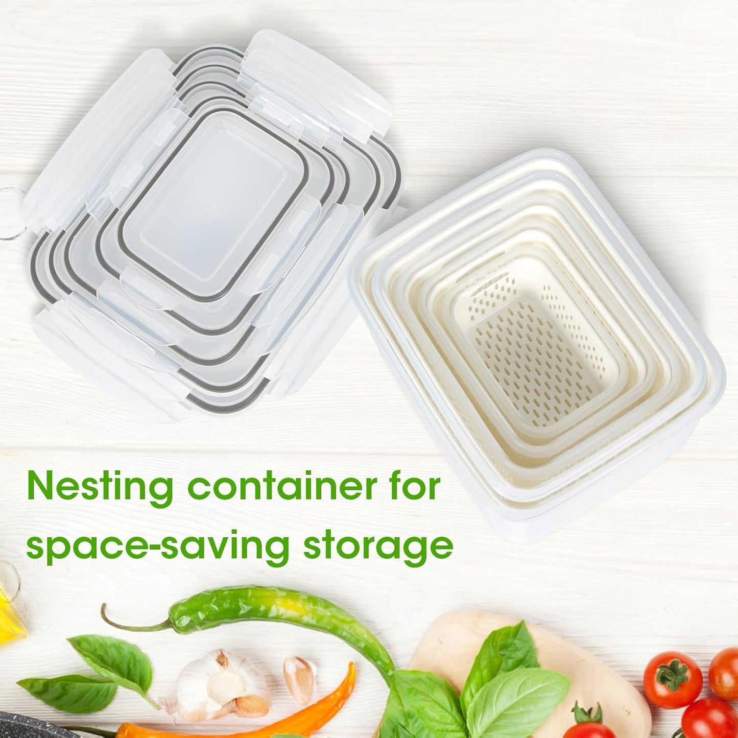 6 Pack Fruit Storage Containers for Fridge, Produce Saver Vegetable Container with Drain Colanders - Refrigerator Organizer for Lettuce Keepers Berry Container