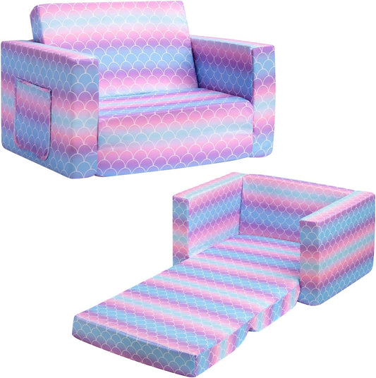 ALIMORDEN 2-in-1 Flip Out Comfy Toddler Couch, Lovely Kids Chair Convertible Sofa to Lounger for Story/Nap Time, Mermaid Scale
