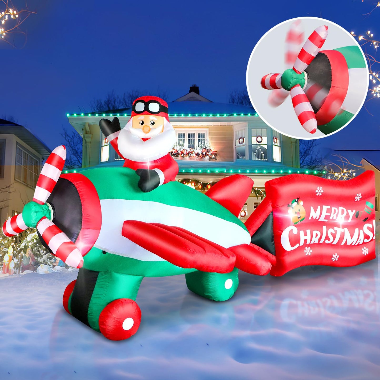 Omdekor 10.5 FT Christmas Inflatables Santa Claus on Animated Helicopter, Giant Blow Up Santa Flying Airplane, Built-in Light Inflatable Outdoor Decoration for Xmas Yard Holiday Party Garden Lawn