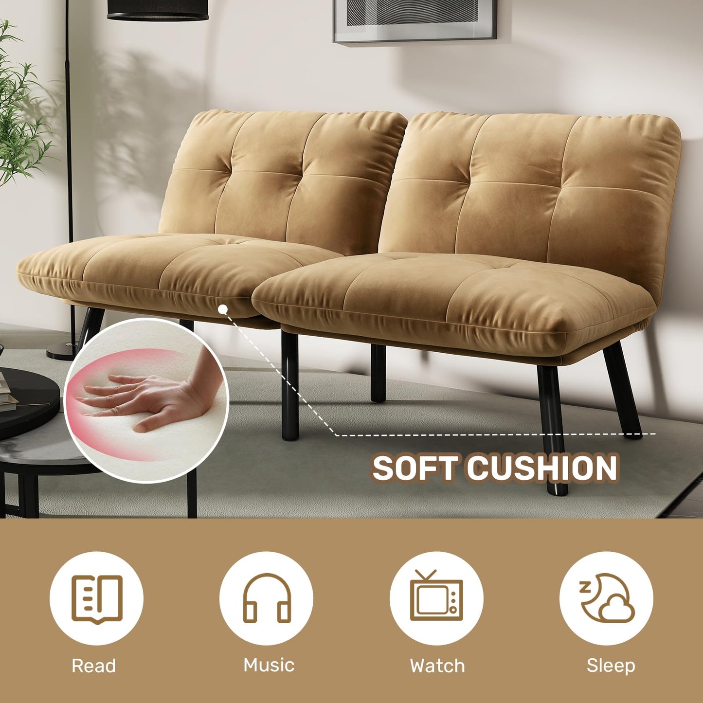 homeokay Futon Sofa Sleeper Couch Bed with Adjustable Backrest Thick Cushion Velvet Fabric for Department Living Room Lounge Sofa Loveseat (Brown)