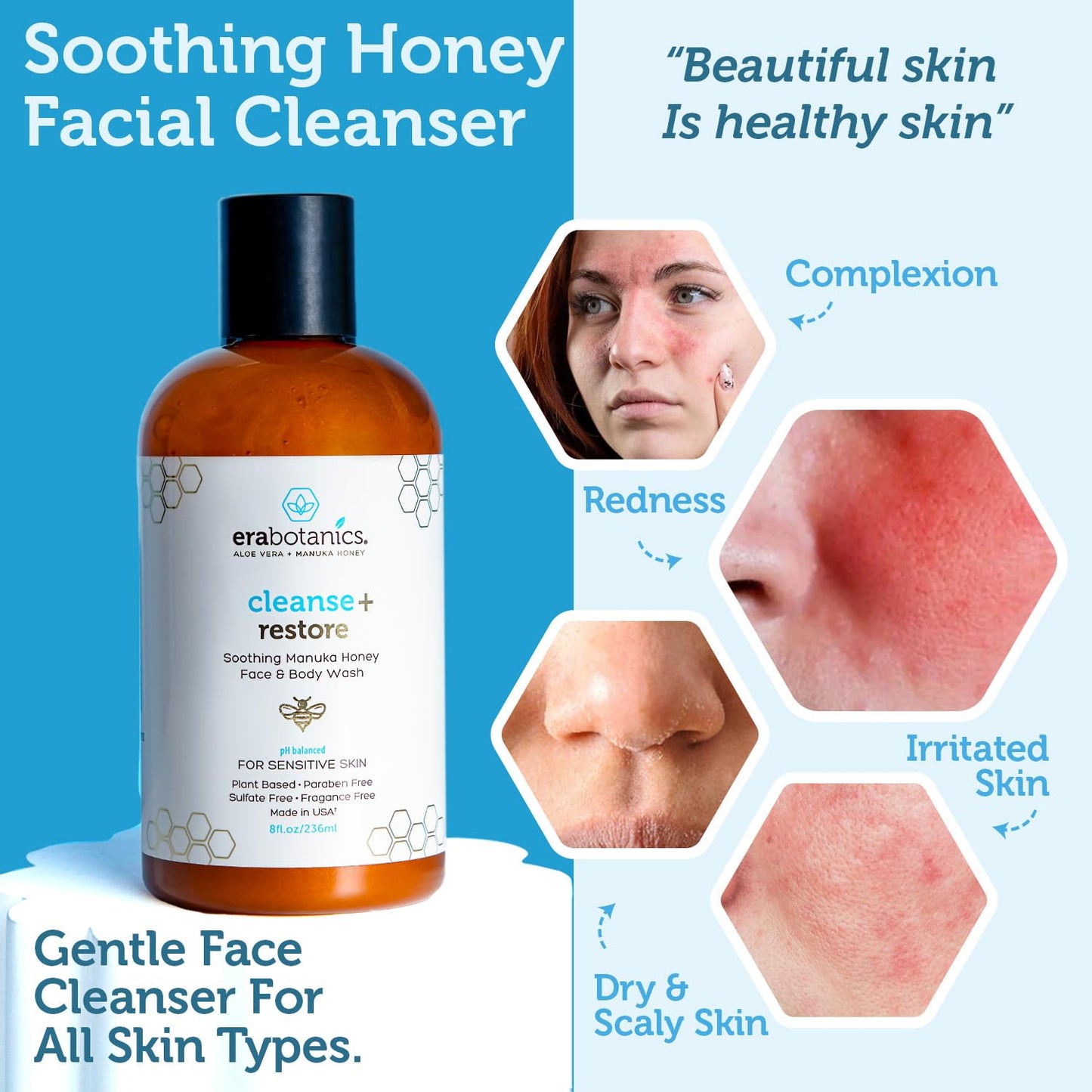 Era Organics Manuka Honey Face Wash for Women, Men - Sulfate Free Moisturizing Cleanser, Organic Aloe Vera - Soothing Plus Gentle on Dry Skin Facial Cleanser Made in USA - 8oz