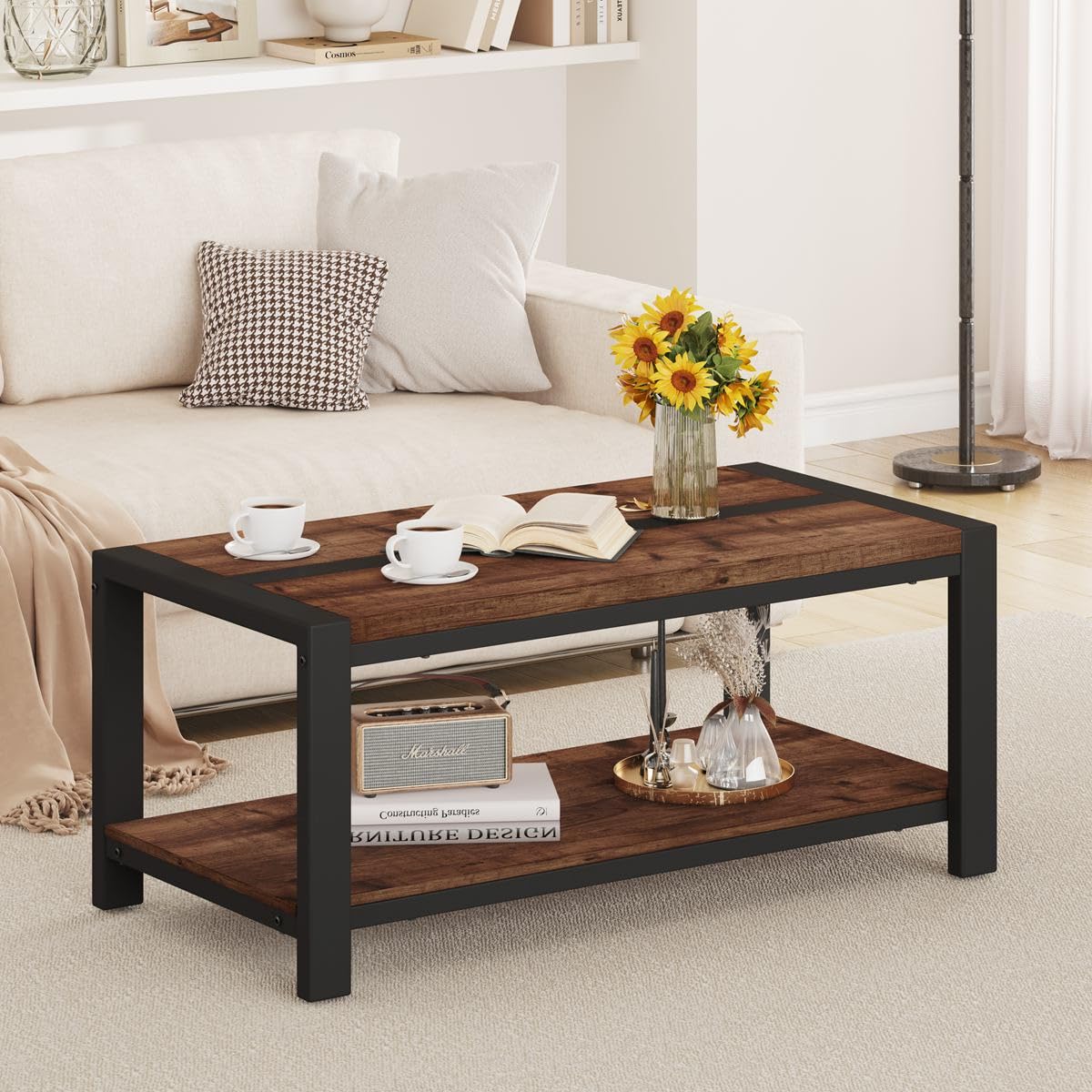 BON AUGURE Coffee Table for Living Room, Industrial Wood and Metal Living Room Tables, Farmhouse Rectangular Center Table (Rustic Oak, 43 Inch)
