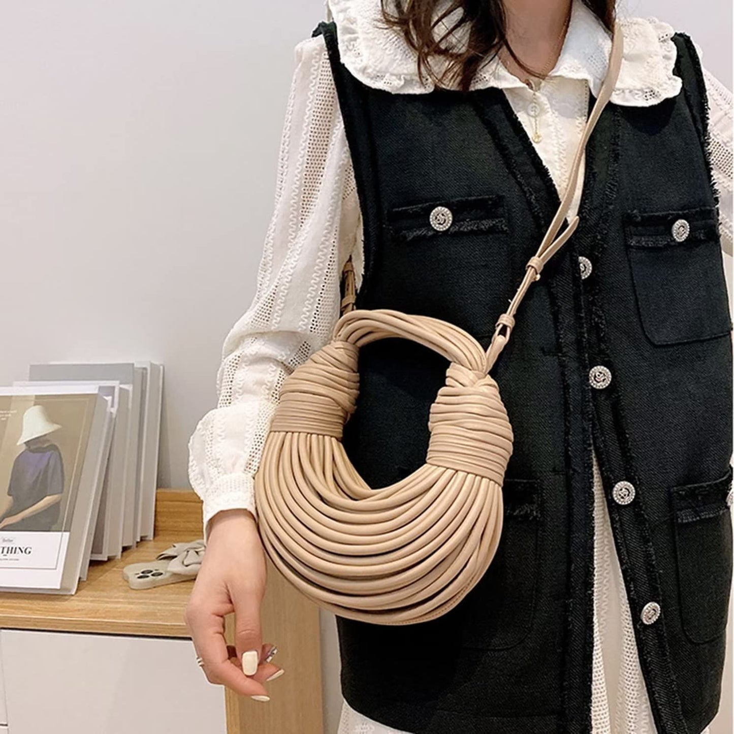 Hand Bread Women's Clutch Top Handle Satchel Shoulder Crossbody Creative Noodles Purses Underarm Bag Handbag (Gold)