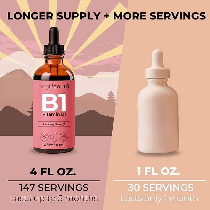 Vitamin B1 Liquid Drops - Thiamine Mononitrate Organic Supplement for Energy and Nerve Health, Fast Absorption, 4 FL OZ, 5-Month Supply, Lab Tested, Made in USA